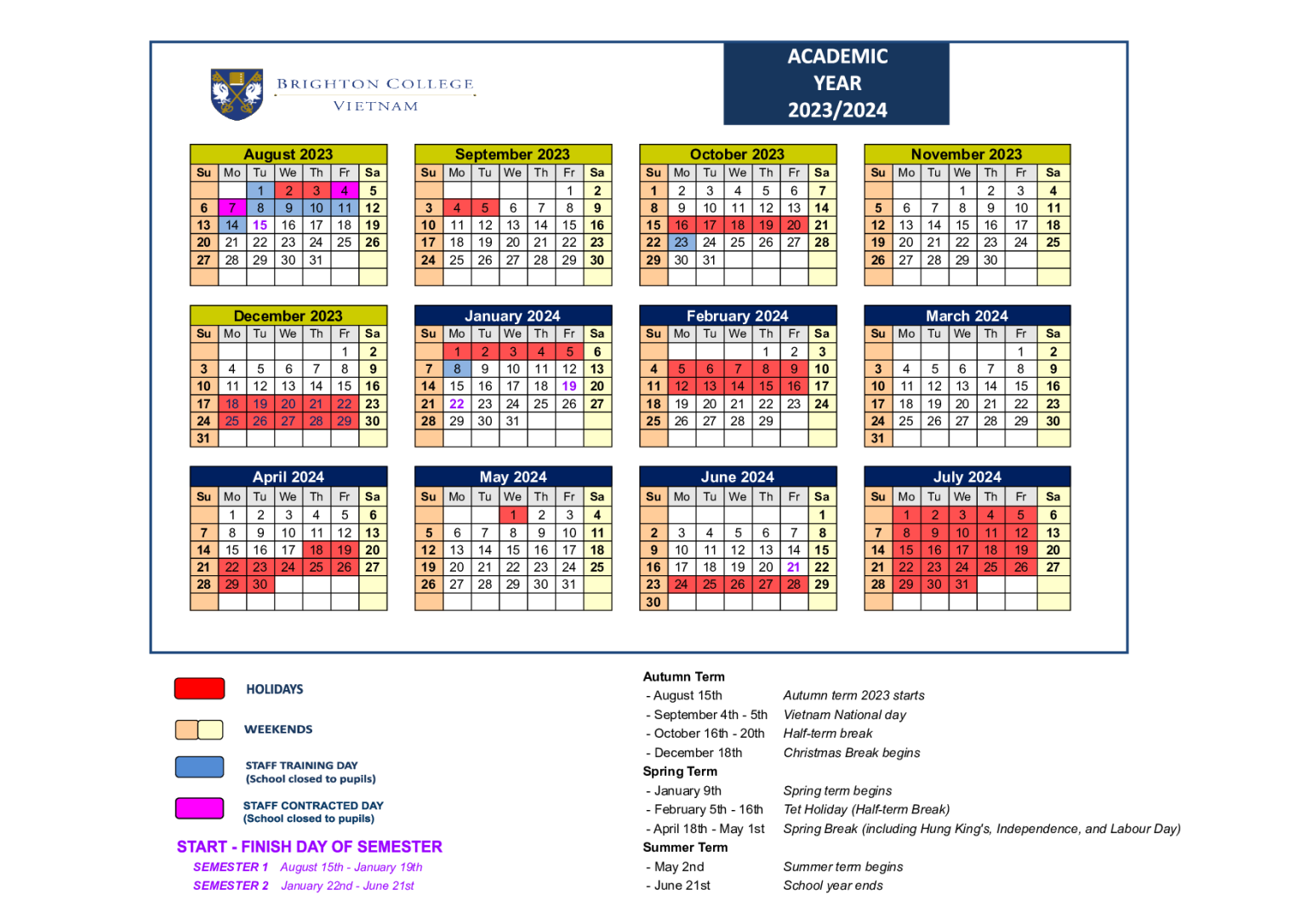 School Calendar Brighton College Vietnam