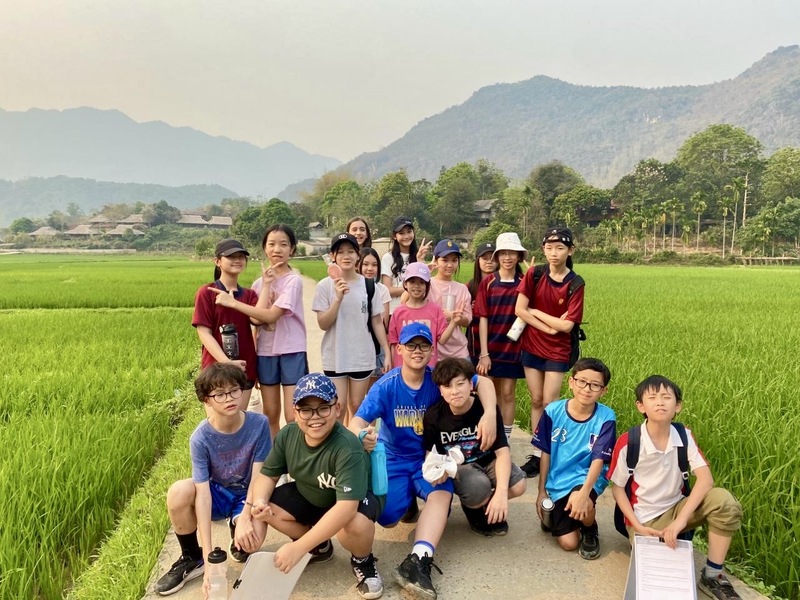 Đi bộ trên những cánh đồng lúa xanh mướt, các em tìm hiểu các hoạt động nông nghiệp địa phương và vai trò quan trọng của xuất khẩu gạo tại Việt Nam. 